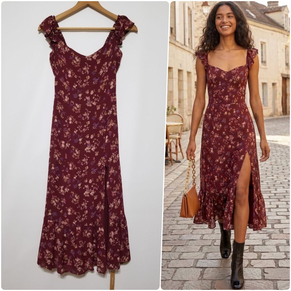 NWT Reformation Bondi Floral Midi Dress in Chantelle (Burgundy) Size 2